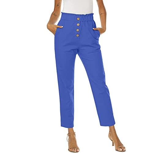 Relax Fit Button Pants Cropped High Waist Causal Lounge Ladies Pants with Pockets