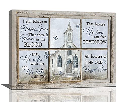 Religious Wall Art Christian Church Butterfly Amazing Grace Pictures Wall Decor Country Rustic Canvas Prints Paintings Framed Artwork Home Decorations For Bathroom Living Room Bedroom Kitchen 16"x12"