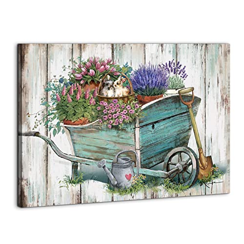 Retro Blue Garden Cart Lavender Canvas Print