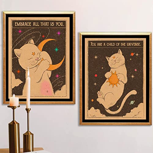 Retro Tarot Card Canvas Poster - Sun Moon Cat Wall Art