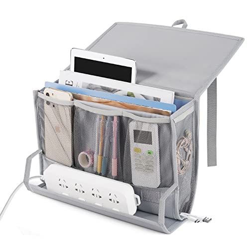 Retyion Bedside Caddy Bedside Storage Organizer Bedside Organizer with Power Strip Holder and 2 Adjustable Straps for Home Bunk Bed College Dorm Sofa (With Pockets, Light Gray)