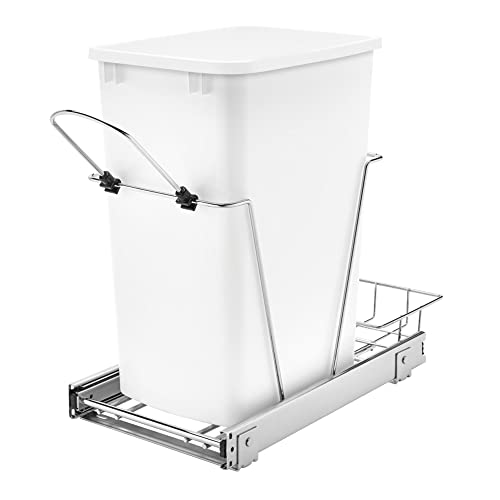 Rev-A-Shelf RV-12KD-11C S Single 35-Quart Chrome Wire Pullout Kitchen Waste Trash Can Container Bin with Full-Extension Slides, White