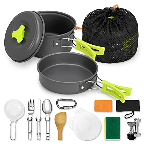 Odoland 29pcs Camping Cookware Mess Kit, Non-Stick Lightweight Pots Pan  Kettle, Collapsible Water Container and Bucket, Stainless Steel Cups Plates