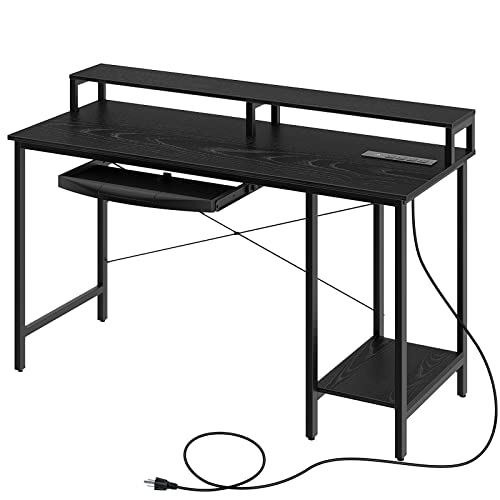 Rolanstar Computer Desk with Power Outlet and Monitor Stand Shelf