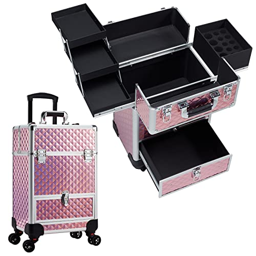 Rolling Makeup Case with Drawer Cosmetology Case on Wheels Makeup Trolley Sliding Drawer Makeup Travel Case for Esthetician, Mobile Stylist, Manicurist Barber Case Traveling Cart Trunk Glitter Pink