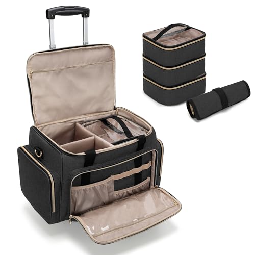 Rolling Makeup Case with Removable Cases and Brush Holder Bag