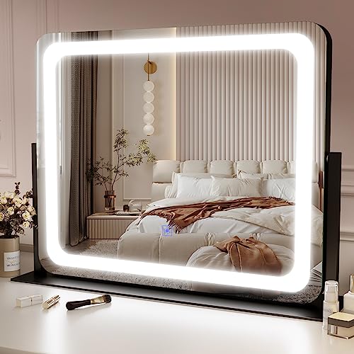 ROLOVE Vanity Mirror Makeup Mirror with Lights, Large Lighted Vanity Mirror, Light Up Mirror with Smart Touch 3 Colors Dimmable, Tabletop Mirror for Makeup Desk, 360° Rotation, 22" x 19", Black