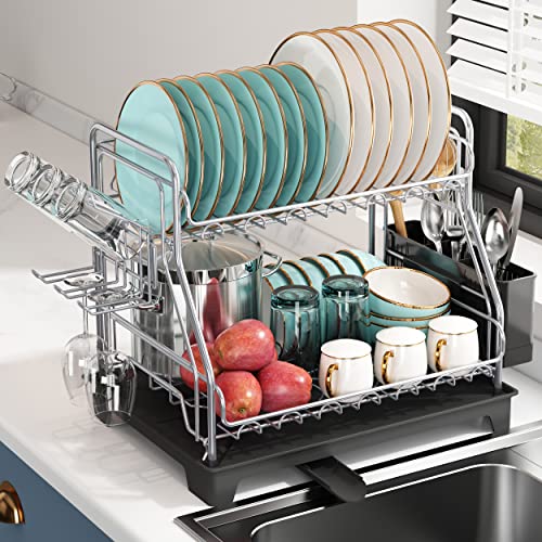 romision Large Dish Drying Rack for Kitchen Counter, Stainless Steel 2 Tier Dish Racks and Drainboard Set with Utensil Holder, Dish Drainer, Grey