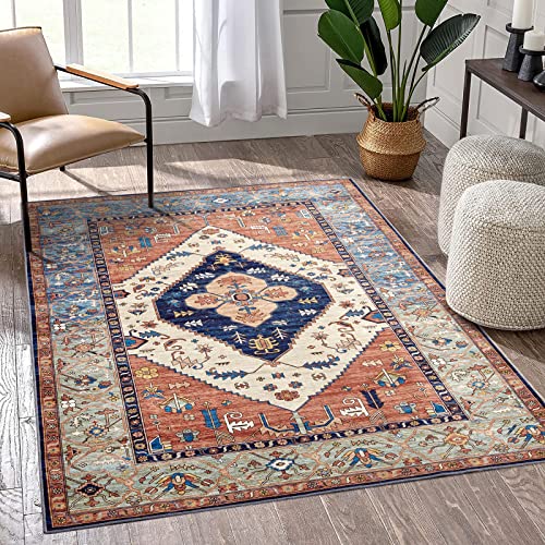 RoomTalks Flatweave Oriental Persian 3x5 Small Area Rug in Rusty Red and Blue, Stain Resistant Machine Washable Non-Slip Ultra Thin Persian Carpet Throw Rugs for Kitchen Entryway Dining Room