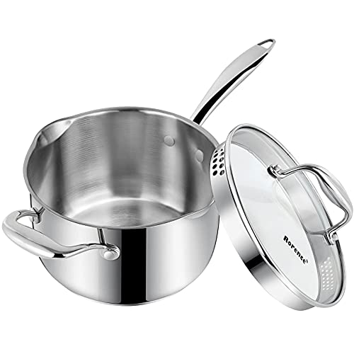 Rorence Stainless Steel Saucepan Sauce Pan with Pour Spout & Glass Lid with Strainer - 3.7 Quart
