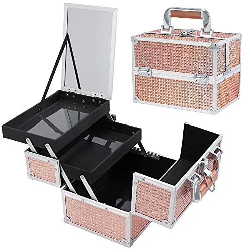 Rose Gold Makeup Case with Portable Handle and Mirror