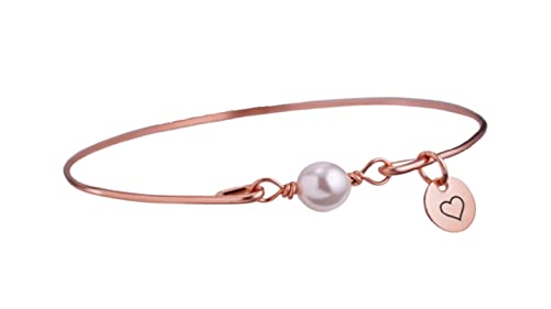 Rose Gold Pearl Bangle Bracelet with Heart Charm