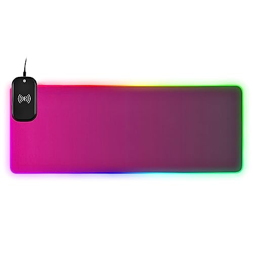 Rose Red Gradient RGB Gaming Large Extended Led Mouse Pad with 14 Lighting Modes, Computer Keyboard Mousepads Mat with 15W Qi Fast Wireless Charging 35.4 x 15.7 Inch