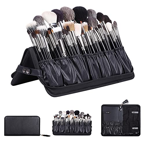 Rownyeon Professional Makeup Brushes Organizer Bag Makeup Artist Cosmetic Case Leather Handbag Black Travel Portable(Only Bag)