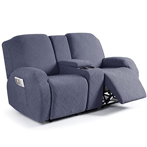 Ruaozz Stretch Loveseat Recliner Covers with Console 4-Pieces Recliner Sofa Covers with Pockets Jacquard Reclining Couch Covers Furniture Protector with Elastic Straps Bottom (2 Seater, Grey)