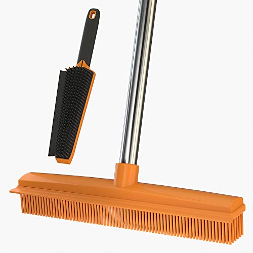 Rubber Broom for Pet Hair Removal with 57" Long Handle, Carpet Rake for Fluff Carpet with Squeegee, Dog Cat Fur Remover Rug Brush Broom, Hardwood Floor, Tile, Window, Portable Detailing Lint Remover Brush