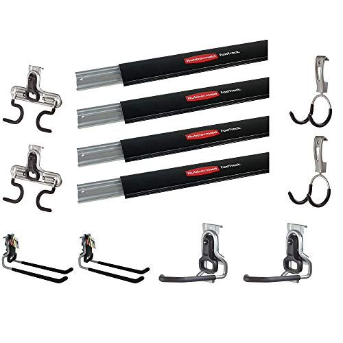 Rubbermaid 4 FastTrack 48-Inch Wall Mounted Garage Storage Rails and Versatile Hook Assortment Bundle Pack for Tool Organization