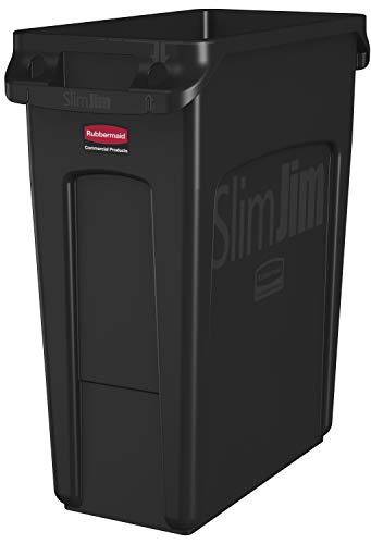 Rubbermaid Commercial Products Slim Jim Plastic Rectangular Trash/Garbage Can with Venting Channels, 16 Gallon, Black (1955959)