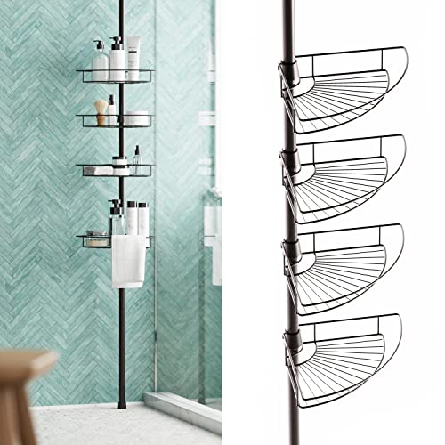 SEIRIONE Tension Corner Shower Pole Caddy, Rustproof Stainless Steel, 4  Tier Adjustable Baskets for Organizing Hand Soap, Body Wash, 56 to 114 Inch