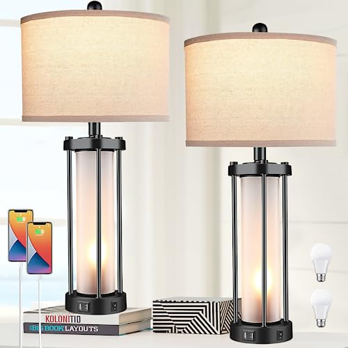 Rustic Farmhouse Table Lamps with USB Ports and LED Nightlights