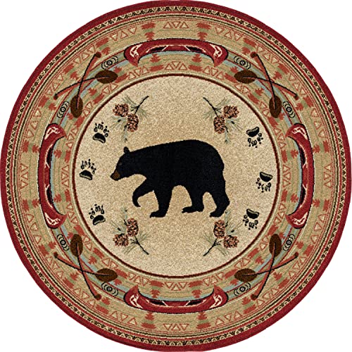 Rustic Lodge Bear Red Round Area Rug