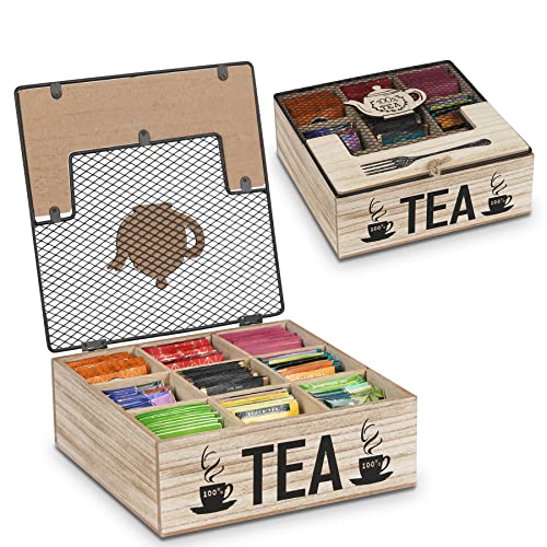 Rustic Tea Bag Holder Organizer with 9 Compartments