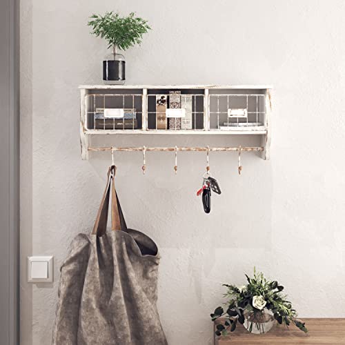 Rustic Wall Mounted Shelf with Coat Hooks and Baskets