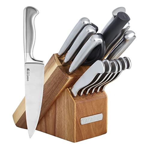Sabatier 15-Piece Forged Stainless Steel Knife Block Set, High-Carbon Stainless Steel Kitchen Knives, Razor-Sharp Knife set with Acacia Wood Block, Stainless Steel Handles