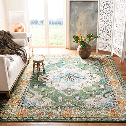 SAFAVIEH Monaco Collection Area Rug - 8' x 10', Forest Green & Light Blue, Boho Medallion Distressed Design, Non-Shedding & Easy Care, Ideal for High Traffic Areas in Living Room, Bedroom (MNC243F)