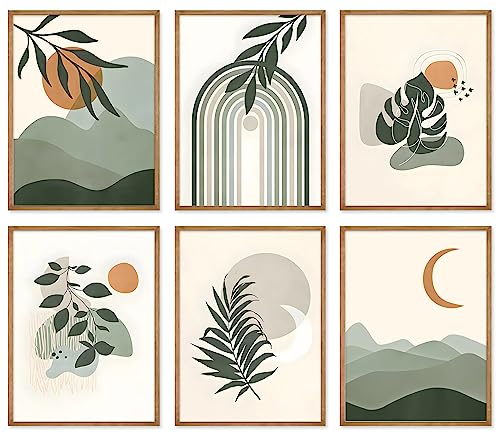 Sage Green Boho Wall Art Prints, 6 Pieces Green Mountain Sun Palm Leaf Line Boho Prints Canvas Wall Art, Abstract Geometric Boho Wall Decor Minimalist Boho Posters, Beige Green Wall Decor for Bedroom Living Room Bathroom Home Office | Unframed 8"x10"