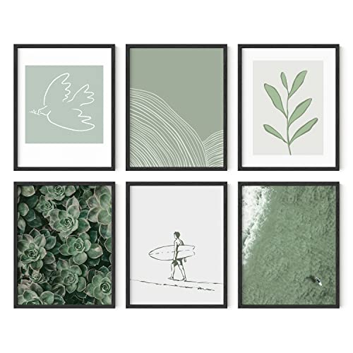 Sage Green Wall Art Decor - Set of 6 Green Pictures Wall Decor