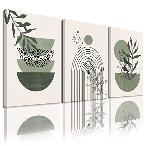 Sage Green Wall Posters & Prints, Green Boho Wall Art Set of 3, Minimalist Framed Wall Art Geometric Line Leaf Sun Moon Beige Green Canvas Artwork Paintings