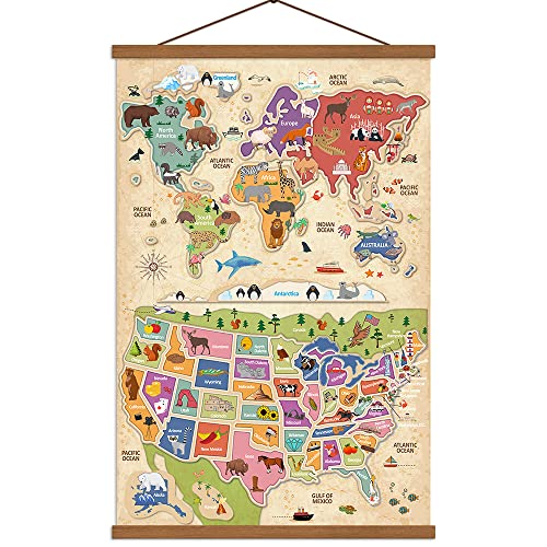 SAGUEYU United States & World Map Animal Poster Kids Room Educational Nursery Classroom School Canvas Print Wall Art 16 X 27 Inch with Frame (vintage)