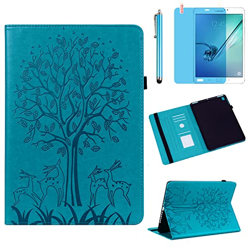 Samsung Galaxy Tab S2 9.7 inch Case - Tree Blue PU Leather Soft Silicone Back Cover Card Holder Stand Case