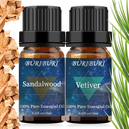 Sandalwood and Vetiver Essential Oil, 2Pcs 100% Pure Aromatherapy Oil for Diffuser, Massage