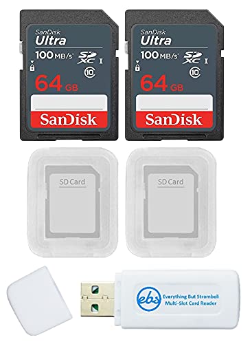 SanDisk Ultra 64GB (2 Pack) SDXC UHS-I Card Class 10 SDSDUNR-064-GN3IN Bundle with 2 SD Card Cases and 1 Everything But Stromboli Memory Card Reader