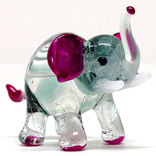 Sansukjai Elephant Figurines Animals Hand Painted Blown Glass Art Collectible Gift Decorate, Green Pink