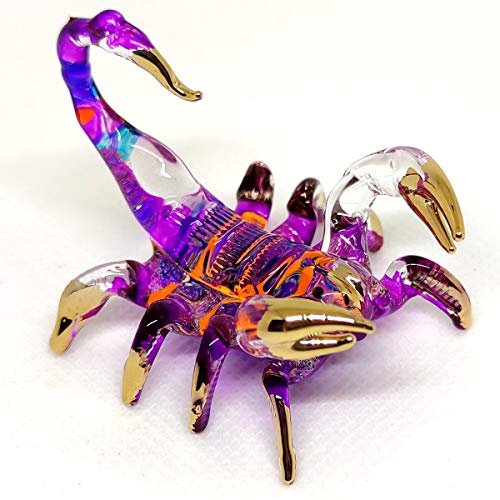 Sansukjai Scorpion Miniature Figurines Animals Hand Painted Blown Glass Art Gold Trim Collectible Gift Decorate, Orange Purple