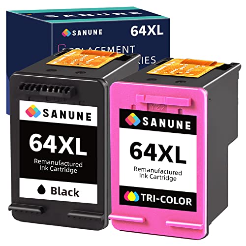 SANUNE 64XL Ink Cartridge Combo Pack Remanufactured for HP Ink 64 Compatible with HP ENVY Photo 7858 7855 7155 6255 6252 7120 6232 7158 7164 ENVY Inspire 7255e 7955e 7958e Tango (1 Black, 1 Tri-Color)
