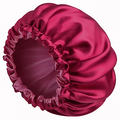 Satin Bonnet for Curly Hair - Double-Layer Adjustable Wine Red