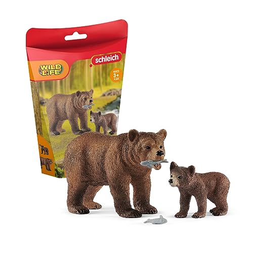 Schleich Wild Life, 4-Piece Playset, Animal Toys for Kids Ages 3-8, Grizzly Bear Mother with Cub and Fish, Multicolor (42473n)