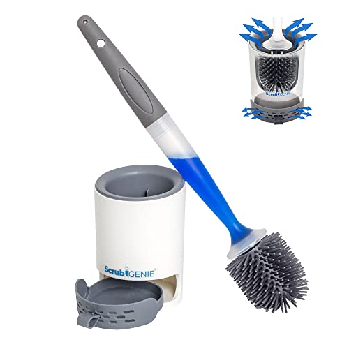 Scrub Genie Toilet Brush and Holder - Refillable Gel Cleaner - Flexible TPR Brush - Sanitary Storage