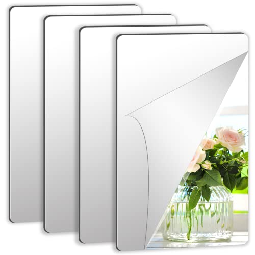 Self Adhesive Acrylic Mirror, Mirror Tiles, Flexible Plastic Mirror Sheets Wall Stickers, 2MM Thick Mirror, Frameless Small Mirror, 4 Pack (6 x 9 inch)