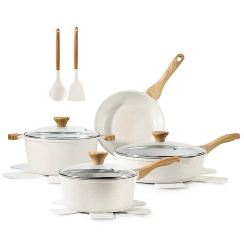 Redchef Ceramic Pots and Pans Set - 7-Piece White Nonstick Kitchen Cookware  Sets with Glass Lid 