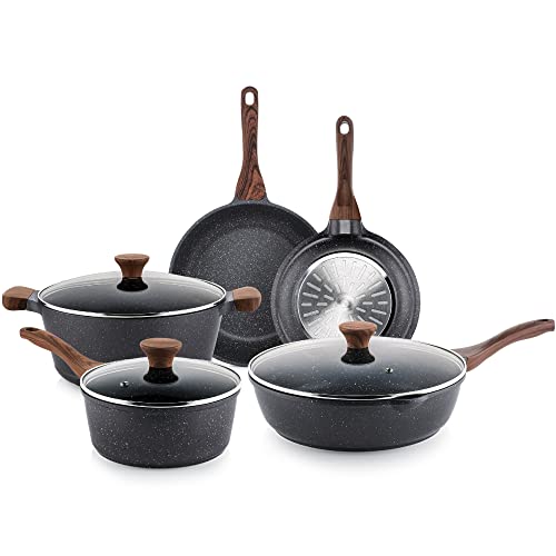 JEETEE Pots and Pans Set Nonstick, Induction Granite Coating Cookware Set  with 8 Inch & 9.5 Inch Frying Pan & 2.5 Quart Saucepa