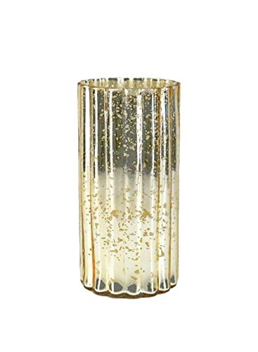 Serene Spaces Living Scalloped Gold Mercury Glass Vase, Decorative Cylinder Vase for Living Room, Office, Wedding, Holiday, Table Centerpiece, Floral Arrangement, Small, 4" Diameter & 8" Tall
