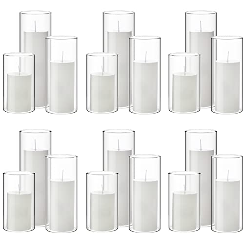 Set Of 18 White Pillar Candles And 18 Glass Cylinder Vases Clear Cylinder Candle Holders For Slim Pillar Candles Wedding Centerpieces 41YOWhanOqL 