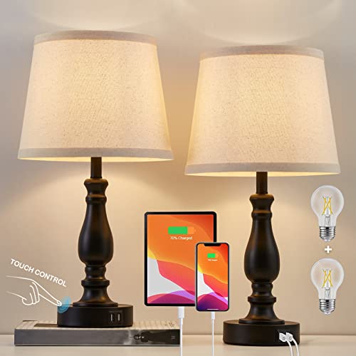 Set of 2 Bedside Table Lamps with USB Ports and Dimmable Lighting