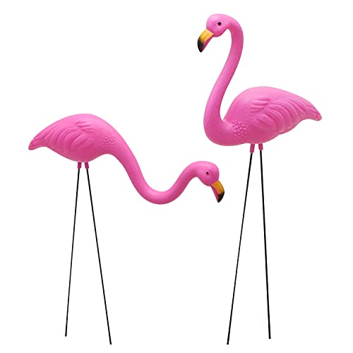 Set of 2 Small Pink Flamingo Yard Ornament Stakes