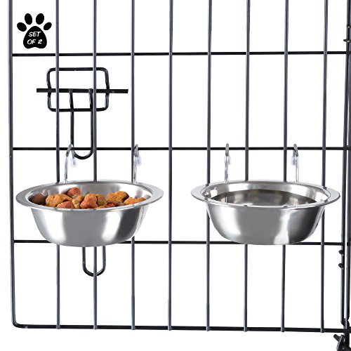 Set of 2 Stainless-Steel Dog Bowls - Cage, Kennel, and Crate Hanging Pet Bowls for Food and Water - 8oz Each and Dishwasher Safe by PETMAKER